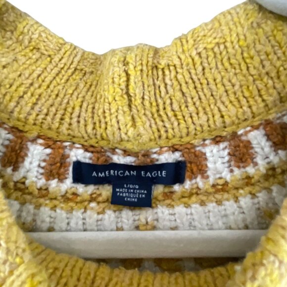 American Eagle Nordic Pattern Knit Mock Neck Sweater L Yellow Oversized Classic - Picture 5 of 7